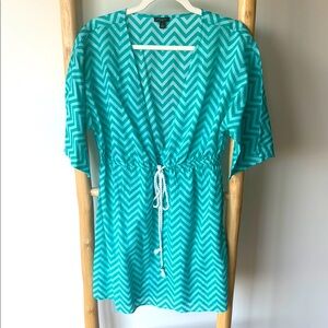 Ann Taylor Bright Teal Green Chevron Pattern Lightweight Cotton Beach Cover-Up S